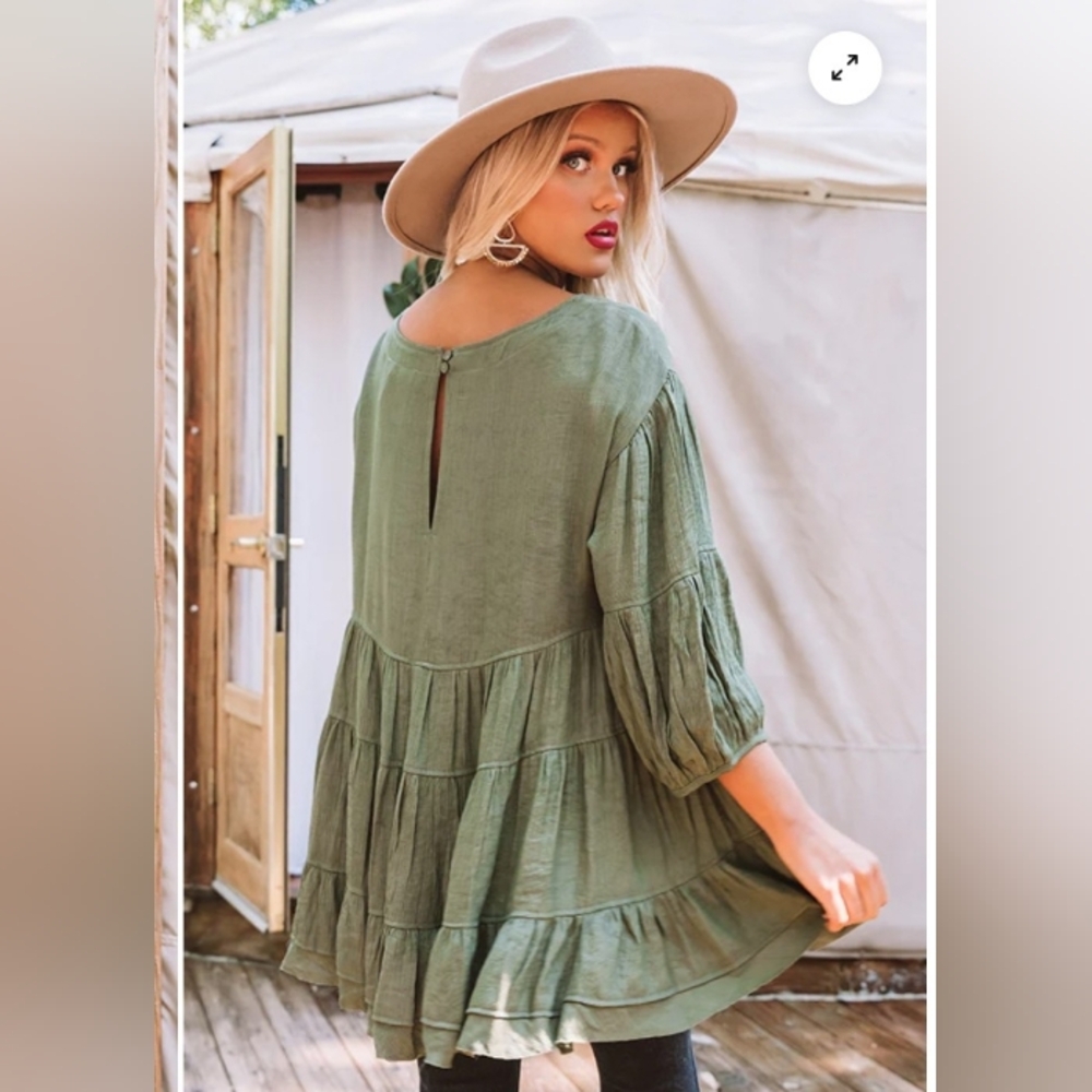 Bohemian Olive Green Tiered Peasant Blouse - Picture 5 of 16
